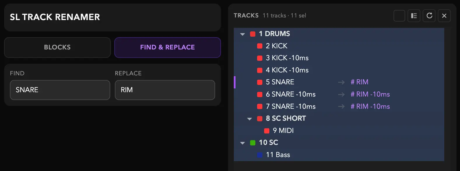 SL Track Renamer Find and Replace editor