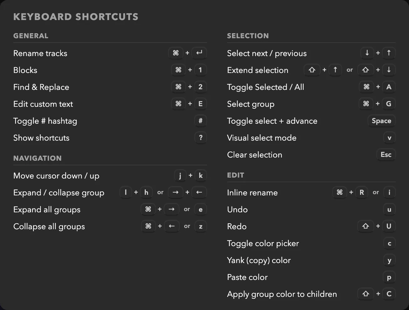 Keyboard shortcuts reference